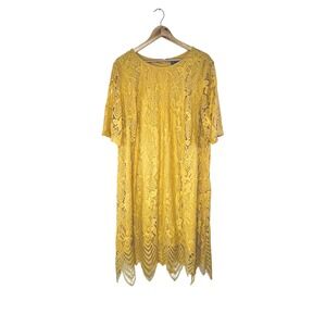 Sharagano Yellow Lace Dress Plus Size 22W Short Sleeve Midi‎ Scalloped Hem